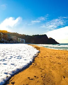 View of the beach in the snow in winter Stock Photos