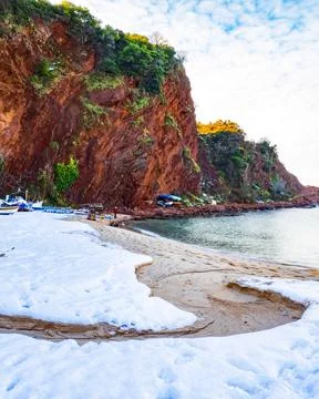View of the beach in the snow in winter Stock Photos