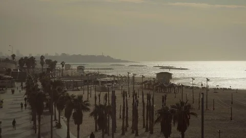 View on beach in Tel Aviv during late afternoon. Video stock 98214479