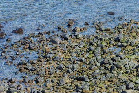 View of beach waves breaking on dark rocks during low tide. Paradise beach... Photos