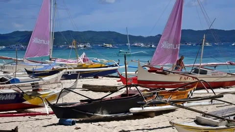 View of beached boats on the sands of the popular Boracay Island, Philippines. 스톡 동영상 307208264