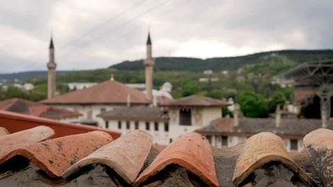 View of a beautiful ancient mosque with two minarets. Mosque of the khans Stock Footage 124488186