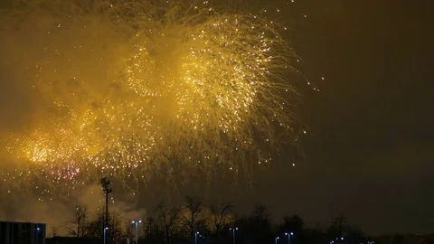 A view of a beautiful firework from the deck of a ship that floats along the Video stock 73267219