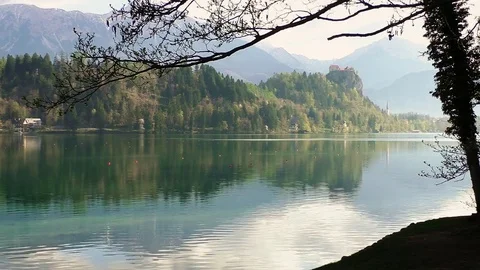 View of the beautiful Lake Bled in the spring morning Stock Footage