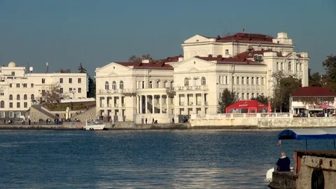 View of beautiful new buildings built on opposite bank of sevastopol Bay. Stock Footage 105842702