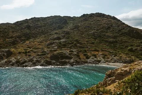 View of beautiful pristine Sa Mesquida beach in Menorca island in Spain, empt 写真素材
