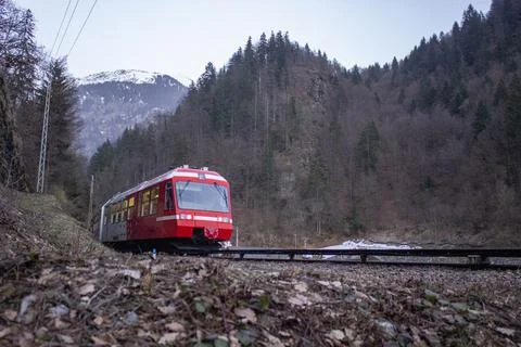 View of the beautiful red train in the mountains and forest 写真素材