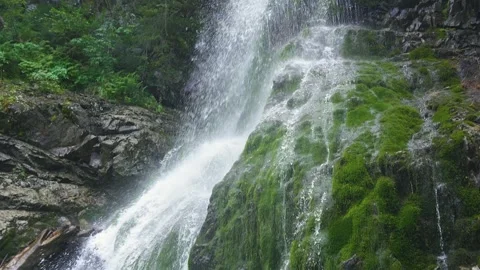 View of beautiful waterfall in green forest in spring mossy nature Stock Footage 292917668