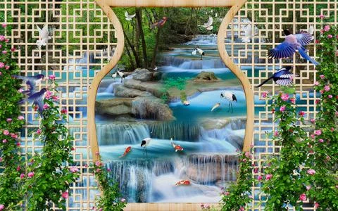 View of the beautiful waterfall through the bars of the veranda, birds, goldfish Stock Illustration