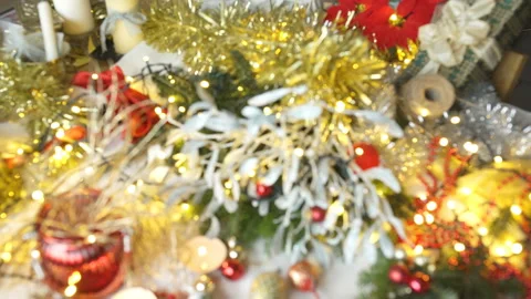View of beautifully decorated christmas table with a lot of ornaments Stock Footage 99223472