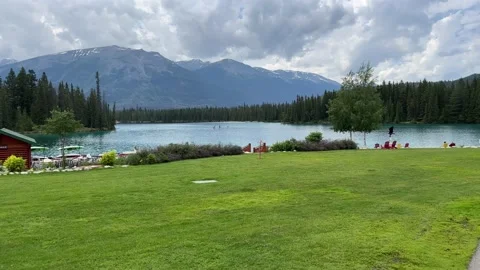 View of Beauvert Lake at Jasper, Alberta, Canada in a summer. Stock Footage 202295232