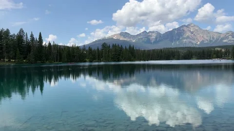 View of Beauvert Lake at Jasper, Alberta, Canada in a summer. Stock Footage 202295236