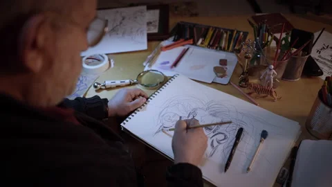 View from behind of an artist working in the studio in a creative environment Stock Footage 152375701