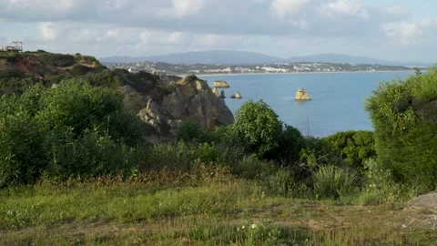 View from behind bushes over rock formations in ocean and mountains Stock Footage 273675610