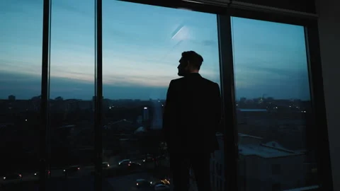 View from behind man in suit standing by panoramic windows in skyscraper, gazing Stock Footage 257007953
