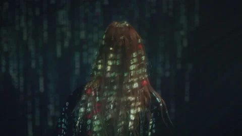View From Behind of Numerical Script Scrolling Down the Head of a Woman Video stock 208782799
