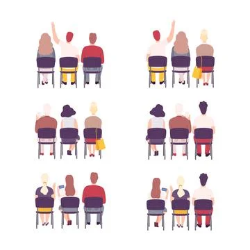 View from behind of sitting people set. Male and female students or lecture Illustrazione stock