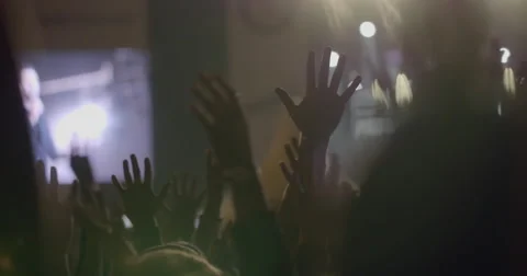 View from behind of some cheering fans at a life concert Stock Footage 68664912