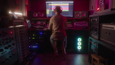 View From Behind of a Sound Engineer Mixing Music in a Studio Stock Footage 270318850