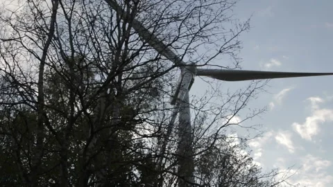 View from behind the trees on electric windmill. View from down to up. Stock Footage 107682979