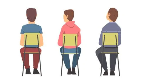View from behind of young men sitting in chairs in row, students listening Illustrazione stock