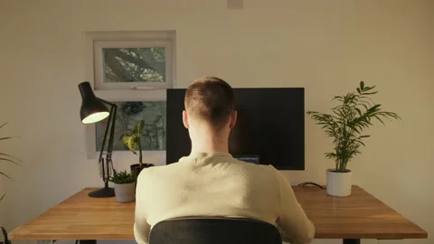 View from behind as a young professional sits working from home Stock Footage 142615725