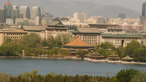 View of Beijing with lake. China. Stock Footage 110871574