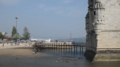 View at the Belem tower at the bank of Tejo River in Lisbon - Portugal Stock Footage 94730018