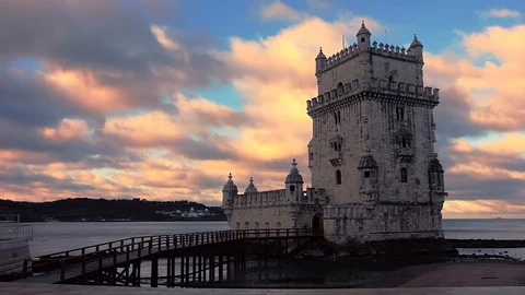 View at Belem tower at the bank of Tejo River in Lisbon at sunrise, Portugal Vídeo Stock 112654113