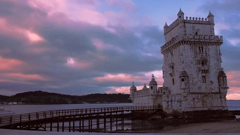 View at the Belem tower at the bank of Tejo River in Lisbon at dusk, Portugal Video stock 112654342