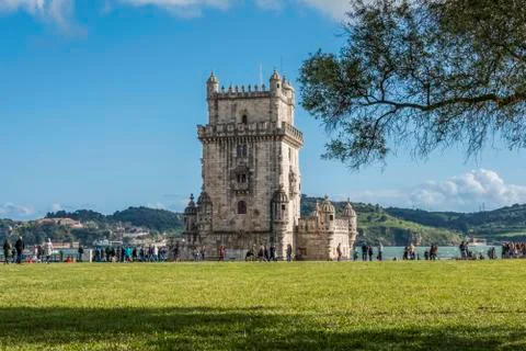 View of the Belem tower from the front gardens Stock Photos