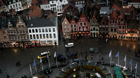 View from Belfry of Bruges. Markt Sq. Xmas market &amp; Restaurants. Bruges Belgium Stock Footage 45237674