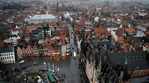 View from Belfry of Bruges. Markt Sq. buildings &amp; restaurants. Bruges, Belgium Stock Footage 45241876