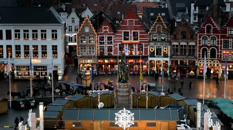 View from Belfry of Bruges. Markt Sq. Xmas market &amp; restaurants. Bruges, Belgium Stock Footage 45243060