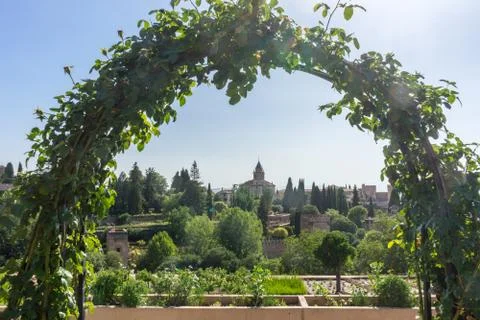 View of the bell tower of the Alhambra through the arched plant decoration fr Foto stock