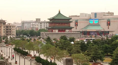View to the Bell tower and central square from the Drum tower in Xian, China. Stock Footage 64990571
