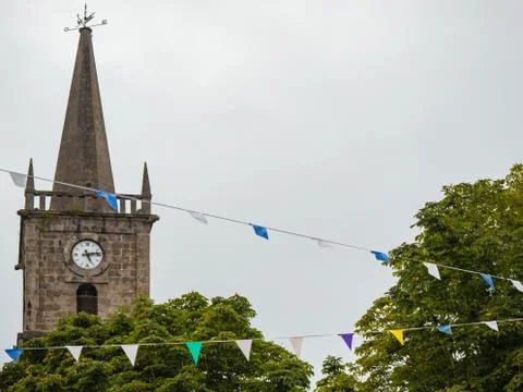 View of the bell tower and clock of a church Stock Photos