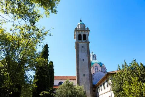 View of the bell tower and the dome of the sanctuary on the island of Barbana Stock Photos