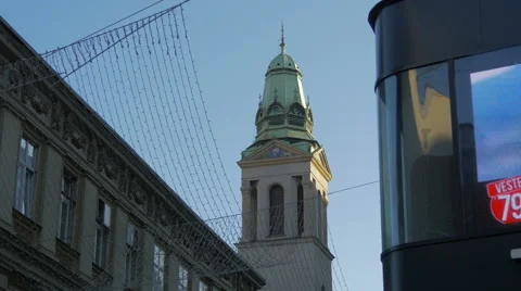 View of the bell tower of Orthodox Cathedral in Zagreb, Croatia Stock Footage 60830278
