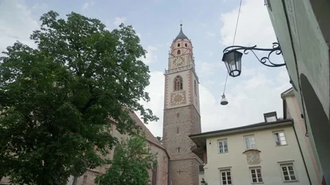 View to the bell tower of St. Nikolaus Church, Merano, Italy Stock Footage 196881243