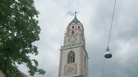 View to the bell tower of St. Nikolaus Church, Merano, Italy Stock Footage 196882145