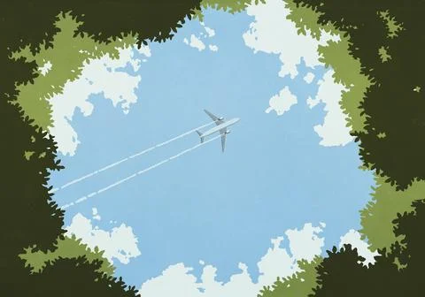 View from below airplane flying in blue sky as seen from opening in trees 스톡 일러스트