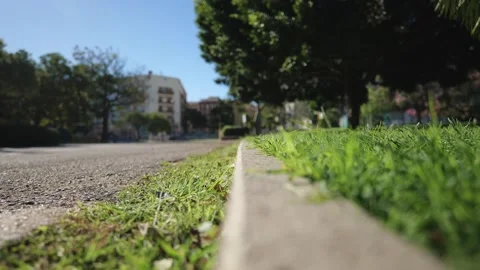View from below. border with green grass. In the distance, in the backgroun.. Stock Footage 287587036