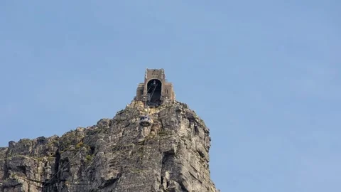View from below of cable car ascending towards an arch structure atop Stock Footage 285525172
