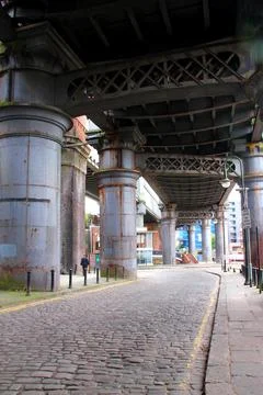 View from below of a completely empty metal bridge Stock Photos