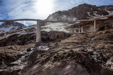 View from below of the hot springs while watching the steam Stock Photos