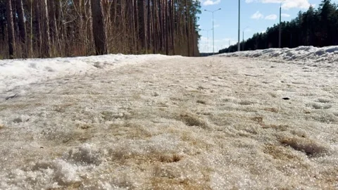 A view from below of melting snow on a path near a forest road Stock Footage 330300257