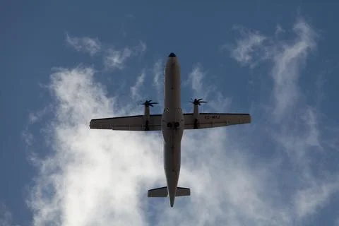 View from below of plane ATR 72, CanaryFly airways EC-MHJ Stock Photos