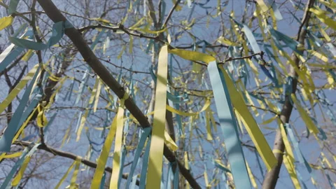View from below on set of yellow and blue ribbons, symbolising flag of Ukraine, Stock Footage 326685880