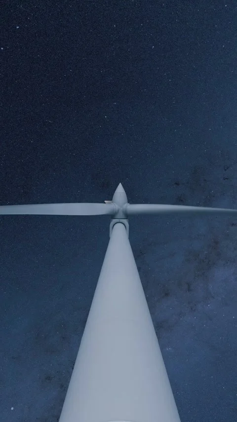 A view from below of a wind turbine against the background of the starry sky Stock Footage 295194436